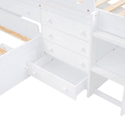 Modern DreamHaus loft platform bed with 7 drawers, full guardrails, L-shaped design, space-saving for bedrooms.