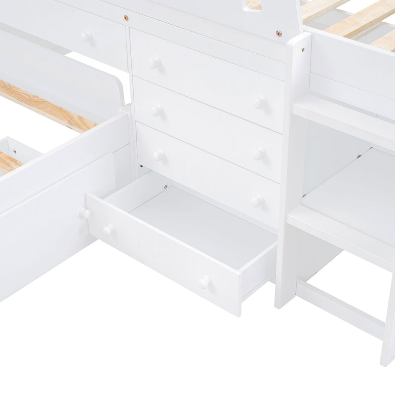 Modern DreamHaus loft platform bed with 7 drawers, full guardrails, L-shaped design, space-saving for bedrooms.
