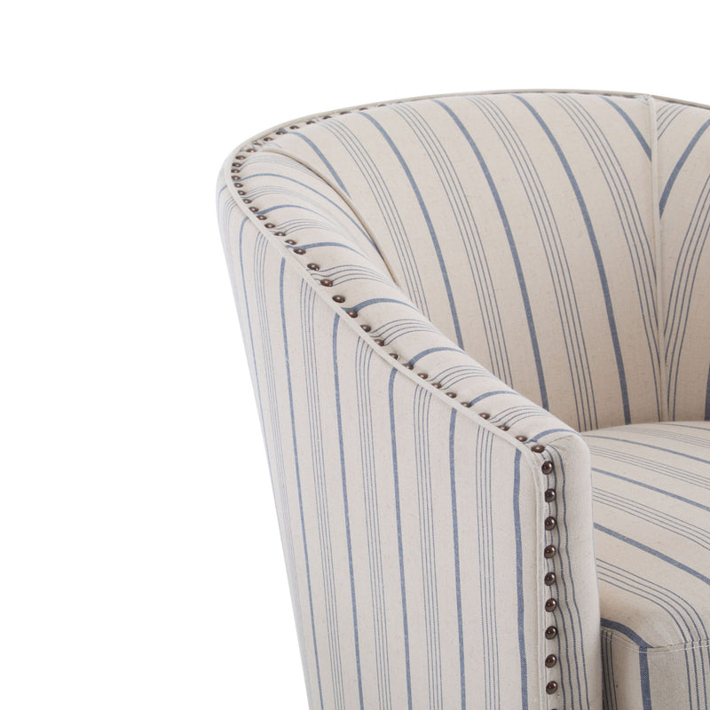 Transitional Upholstered Stripe Barrel Chair With Birch Wood Legs And Plush Cushioned Seat - Beige / Blue Stripe - R&R Furniture Gallery (Fountain Valley, CA)