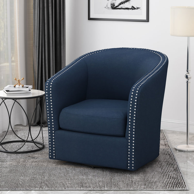 Noble House modern upholstered swivel club chair with nailhead trim, showcasing plush fabric and a sleek, stylish design.