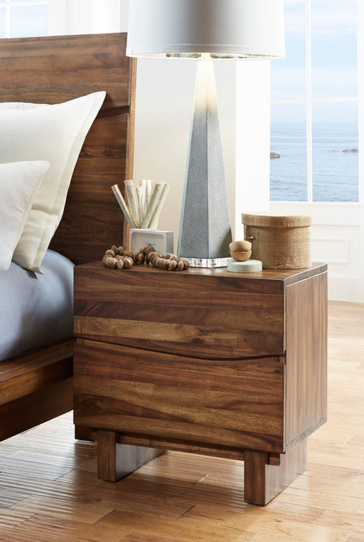 Modus Ocean Two Drawer Solid Wood Nightstand in Natural Sengon with clean lines and two spacious drawers for bedroom storage