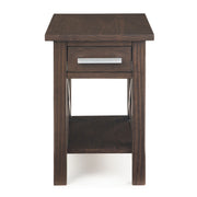 Narrow side table by Simpli-Home in warm walnut brown wood, featuring a sleek, compact design perfect for small spaces.