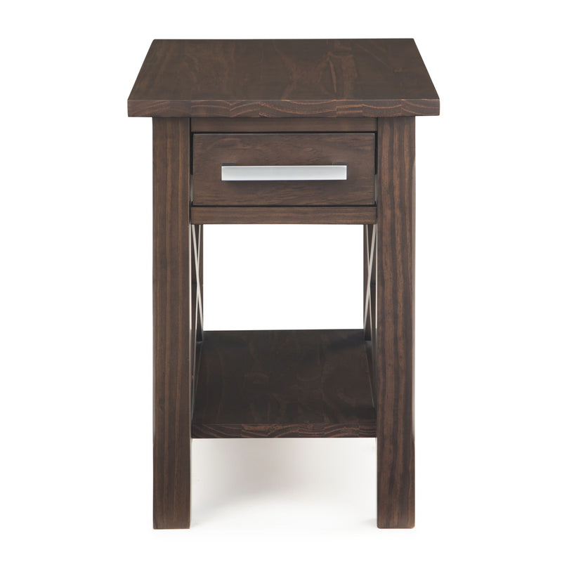 Narrow side table by Simpli-Home in warm walnut brown wood, featuring a sleek, compact design perfect for small spaces.