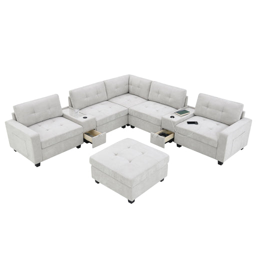 Sectional With Acrylic Table Top U Shaped Couch Set With 2 Consoles USB Charger, Storage Drawers And Pockets Movable Ottoman Tufted Sofa - R&R Furniture Gallery (Fountain Valley, CA)