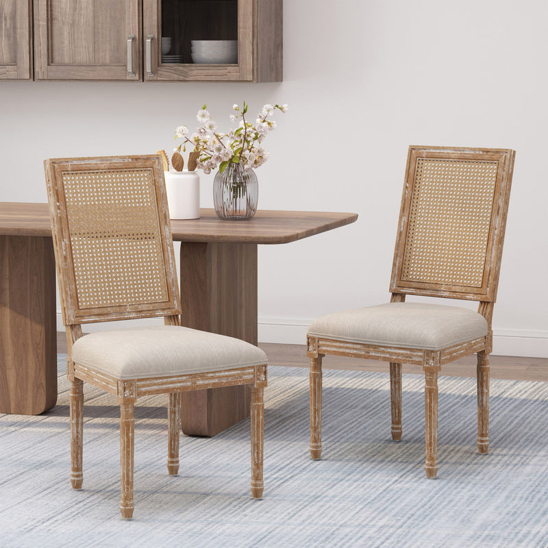 French Country Dining Chair With Rectangular Cane Backrest And Smooth Upholstered Seating - R&R Furniture Gallery (Fountain Valley, CA)