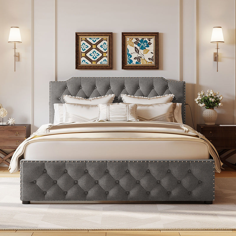 Upholstered Platform Bed With 2 Drawers And 2 Sets Of USB Ports On Each Side, Fabric - R&R Furniture Gallery (Fountain Valley, CA)