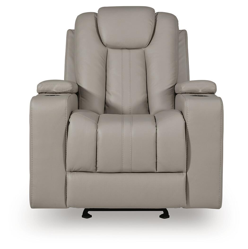 Signature Design by Ashley Elevate Edges Glider Recliner in Coin fabric, showcasing plush cushioning and smooth gliding motion.