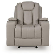 Signature Design by Ashley Elevate Edges Glider Recliner in Coin fabric, showcasing plush cushioning and smooth gliding motion.