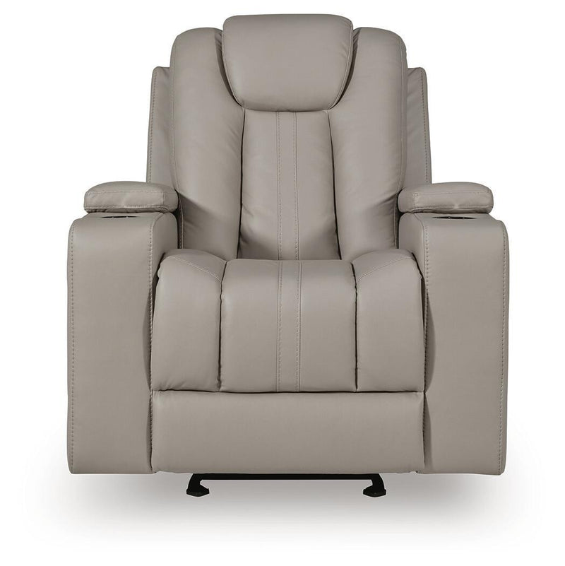 Signature Design by Ashley Elevate Edges Glider Recliner in Coin fabric, showcasing plush cushioning and smooth gliding motion.
