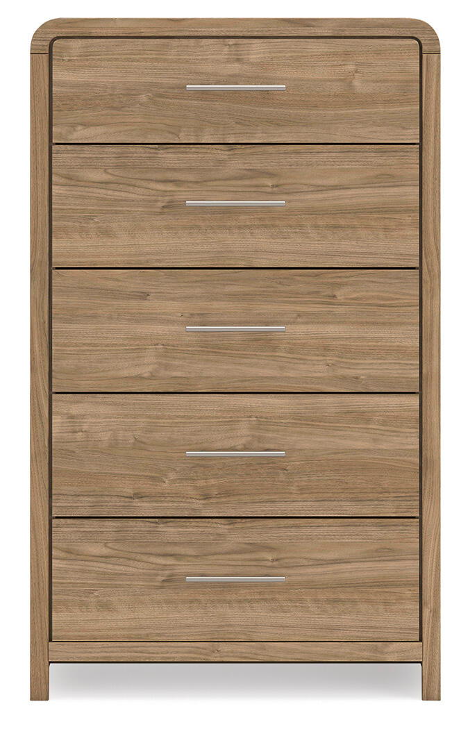 Warm natural brown five-drawer accent chest from Signature Design by Ashley® with sleek drawers and modern style.