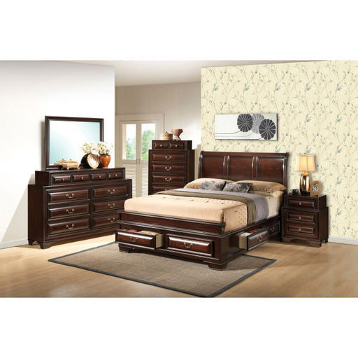 Glory Furniture LaVita storage bed with built-in drawers and a modern wood finish, showcasing its sleek design and ample storage space.