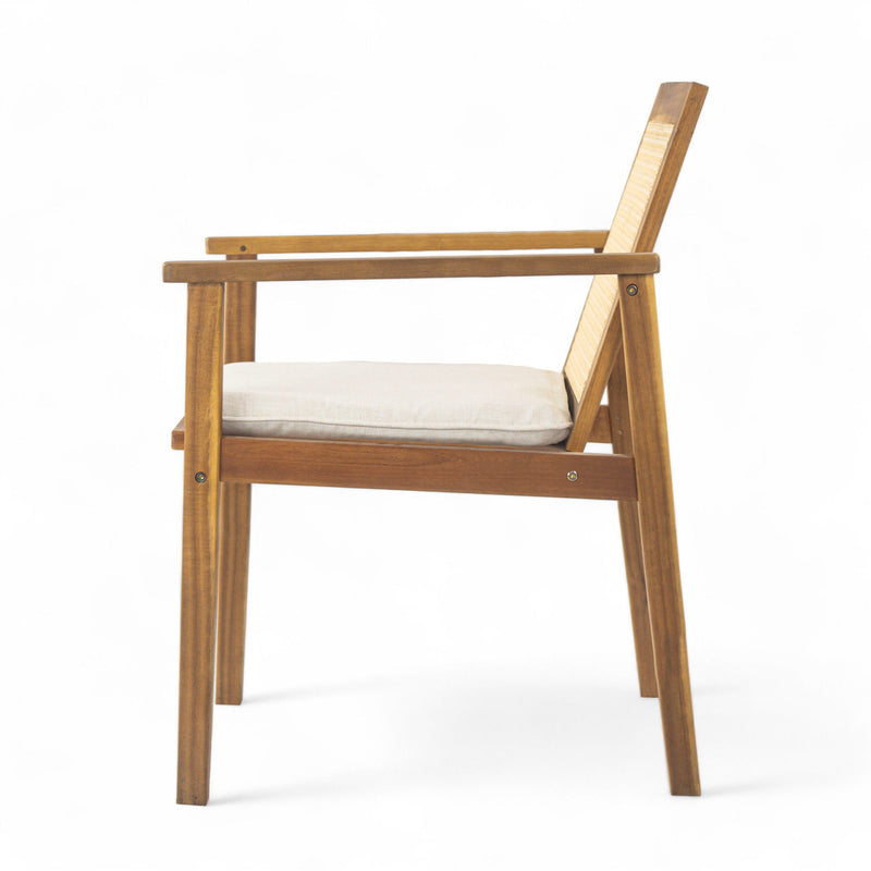 Noble House Preston outdoor dining chairs with beige cushions, teak wood frame, set of two for patio or garden use.