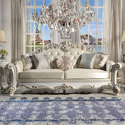 Vendome - Sofa With 5 Pillows - Champagne Synthetic Leather & Antique Pearl - R&R Furniture Gallery (Fountain Valley, CA)