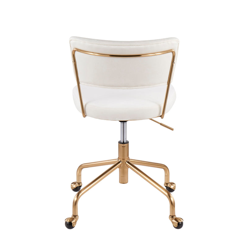 Lumi Source Tania contemporary task desk chair with black mesh backrest and cushioned seat, adjustable height and armrests.
