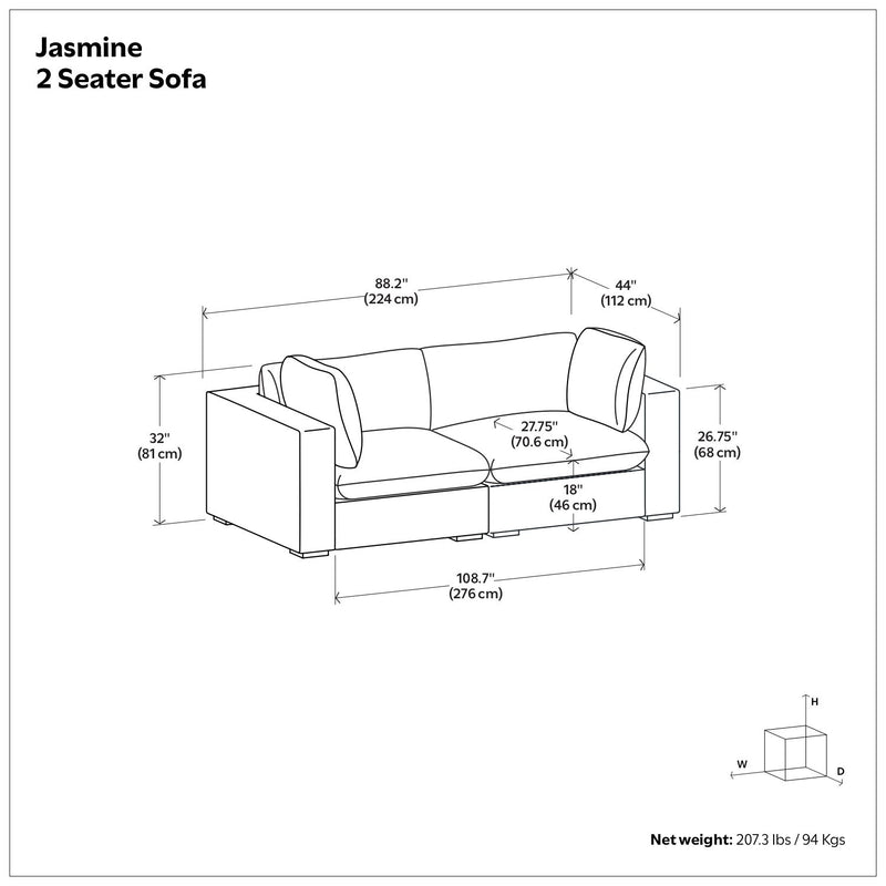 Simpli-Home Jasmine handcrafted stationary sofa with plush fabric and elegant design, ideal for modern living rooms.