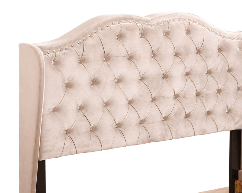 Glory Furniture upholstered bed with a transitional design, featuring a padded headboard and sleek frame, in a cozy bedroom setting.