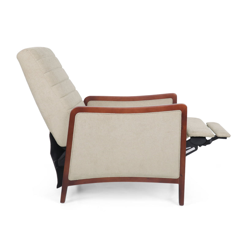 Noble House mid-century modern fabric channel stitch wood pushback recliner with sleek design and plush cushioning.