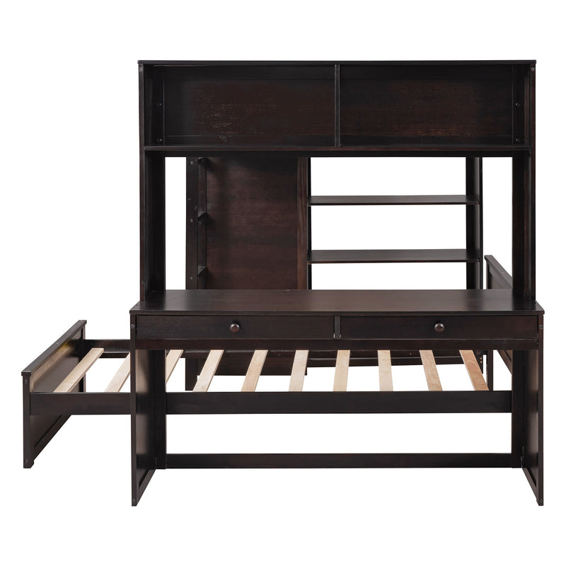 DreamHaus loft bed with twin size standalone bed, shelves, desk, and wardrobe in a modern bedroom setting.