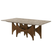 ACME Oleia dining table with natural engineered marble top and walnut wood legs, showcasing a modern design for dining room decor.