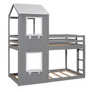 DreamHaus wooden bunk bed with roof, window, guardrail, and ladder, showcasing a sturdy, multi-functional kids' sleeping furniture.