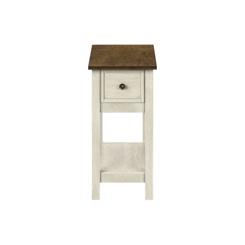 8th Street accent end table with two tiers, narrow design, lamp, and storage drawer, featuring a charming style.