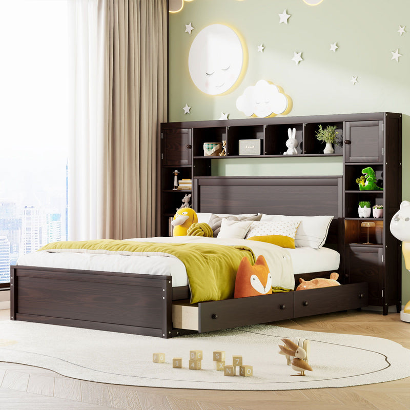 DreamHaus cabinet bed with integrated shelf, storage cabinet, and sockets, featuring a modern design and a neatly made bed with pillows.