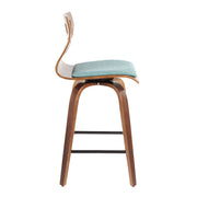 Lumi Source Folia mid-century modern fixed-height counter stools with swivel seats, set of 2, featuring sleek wooden legs and cushioned seats.