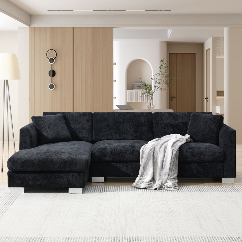 Luxe & Co. modern cloud sectional sofa set with L-shape design, oversized chaise, 4 seats, and 2 free pillows in a stylish living room.