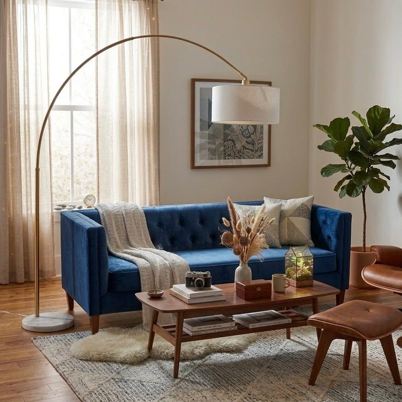 Ashcroft Furniture ambient arch floor lamp with large linen shade, 84-inch gold brass arc lamp for living room lighting.