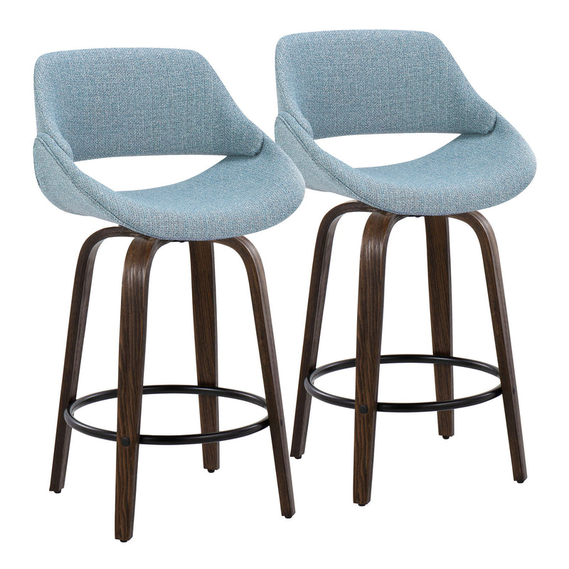 Lumi Source Fabrico mid-century modern fixed height counter stool set with round footrests, featuring sleek wooden seats and metal bases.