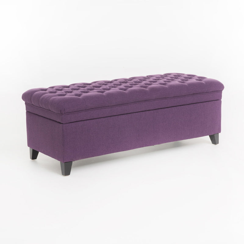 Noble House Juliana storage ottoman with birch legs, upholstered in neutral fabric, serving as a stylish and functional furniture piece.