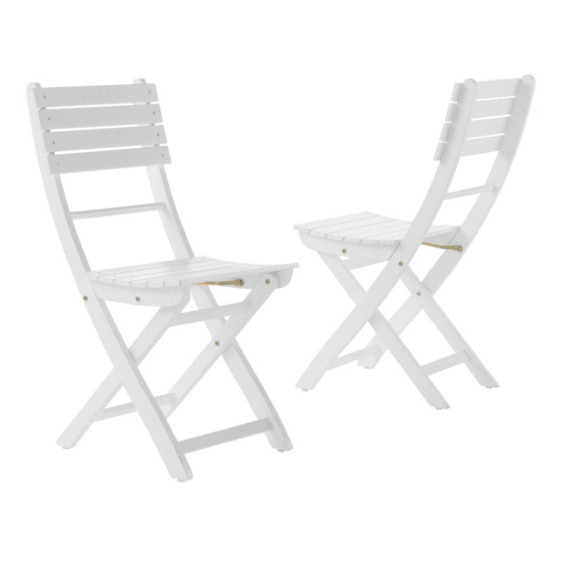 Set of two Noble House outdoor foldable wood dining chairs with slat design, featuring natural wood finish and sturdy frame.