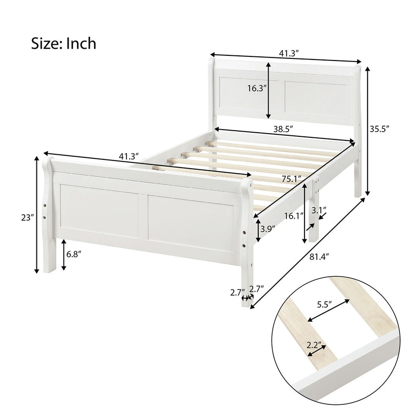 DreamHaus platform bed frame with wooden slat support, sleigh design, headboard, footboard, and sturdy construction.