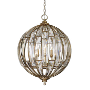 Uttermost Vicentina 6-light gold sphere pendant lighting fixture hanging with glass globes and modern design.
