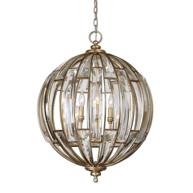 Uttermost Vicentina 6-light gold sphere pendant lighting fixture hanging with glass globes and modern design.