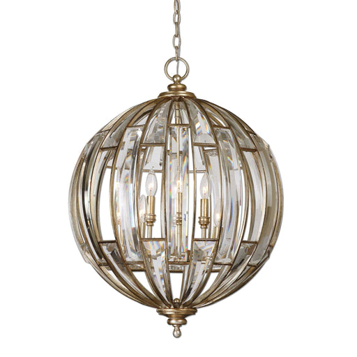 Uttermost Vicentina 6-light gold sphere pendant lighting fixture hanging with glass globes and modern design.