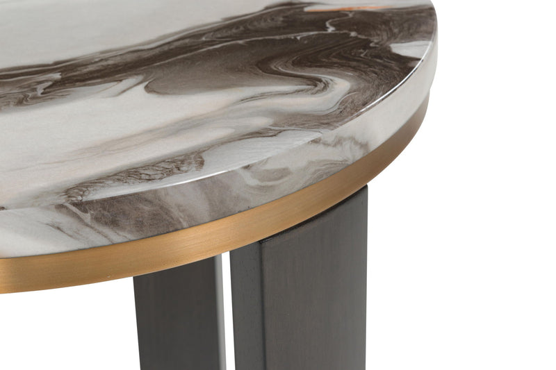 Round brown end table with brass finish legs from Signature Design by Ashley, featuring sleek, modern design and sturdy construction.