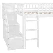 DreamHaus loft stairway bed with two drawers, convertible ladder, and slide, featuring a modern design and ample storage space.