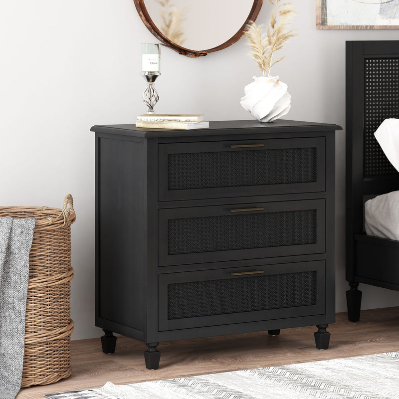 Dark gray Newell Cane 3 Drawer Dresser by Noble House, accent chest with cane details and three spacious drawers.