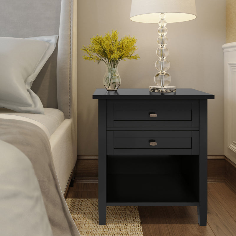 Warm Shaker handcrafted bedside table by Simpli-Home, featuring a natural wood finish and simple accent nightstand design.