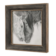 Framed print of black and white horses on dark brown background by Uttermost, showcasing detailed equine artwork.