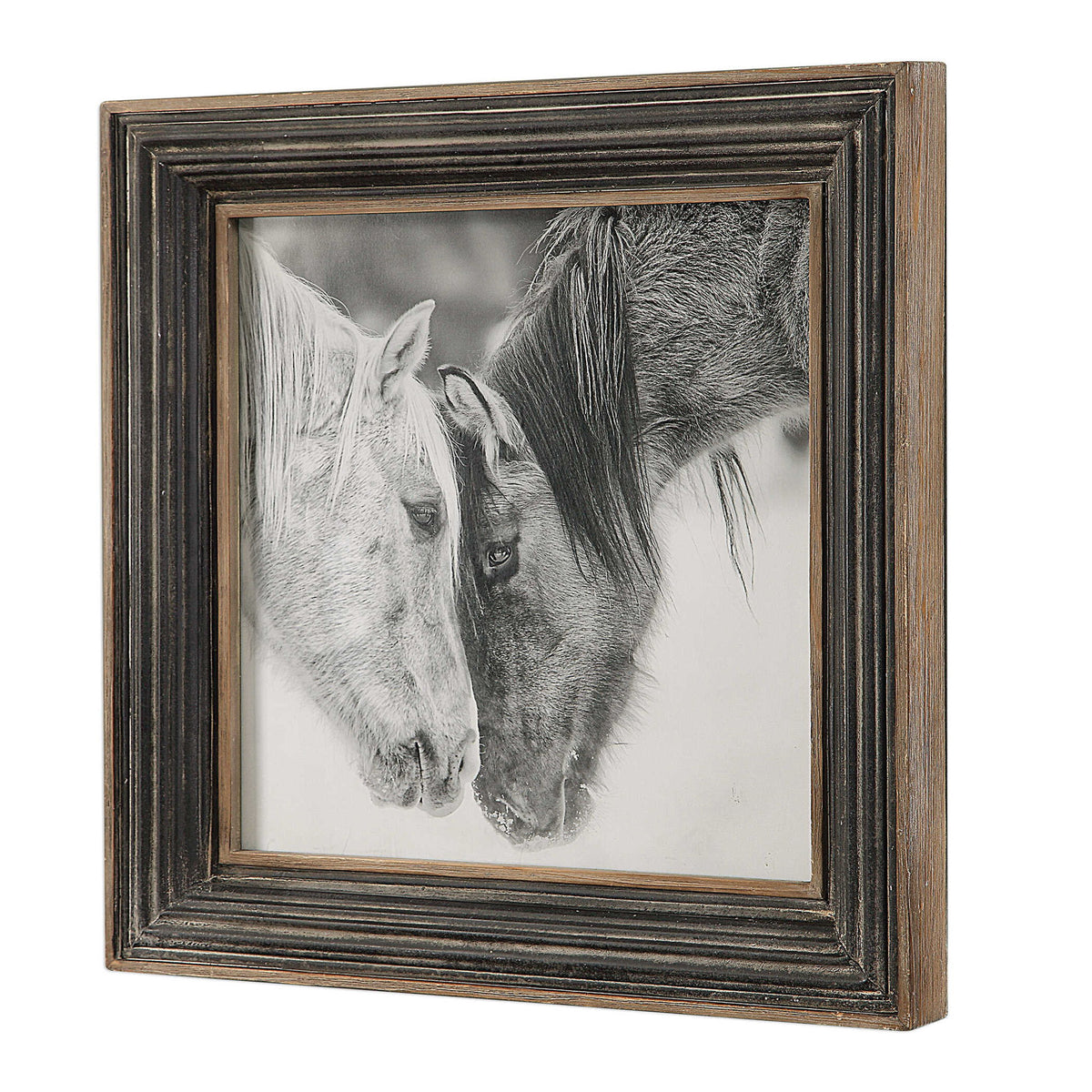 Framed print of black and white horses on dark brown background by Uttermost, showcasing detailed equine artwork.