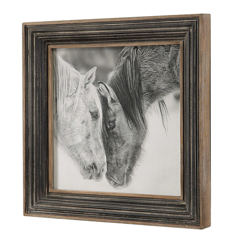 Framed print of black and white horses on dark brown background by Uttermost, showcasing detailed equine artwork.