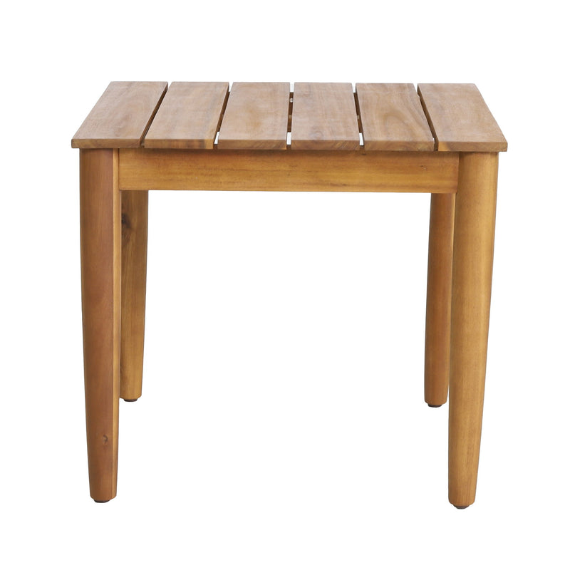 Outdoor square side table with teak wood frame and slatted top, ideal for patio or garden seating.