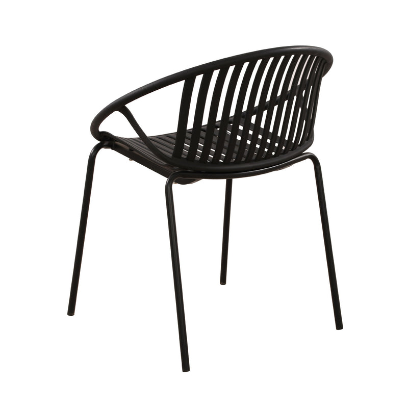 Noble House stackable outdoor chairs with breathable plastic backrests, set of two, suitable for patio or garden seating.