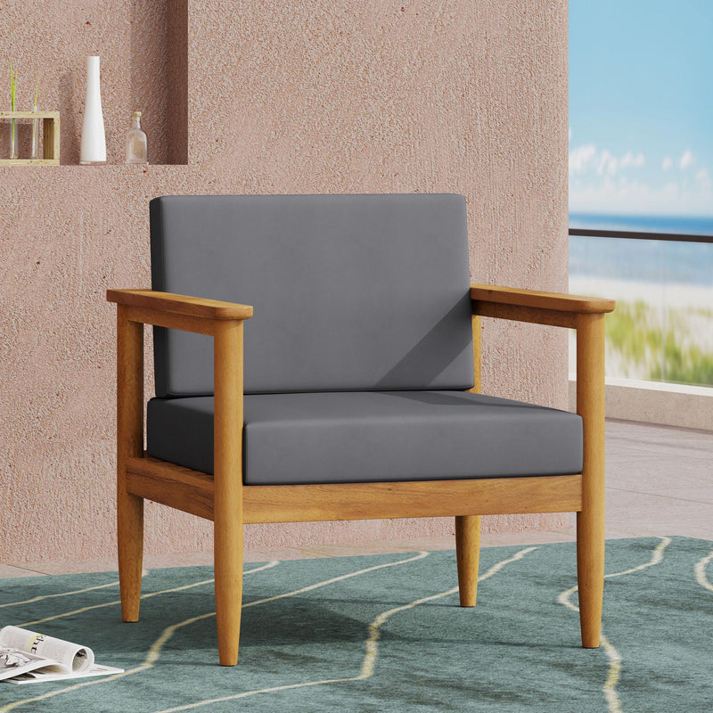 Dark gray outdoor club arm chair with teak acacia wood frame, ideal for patio or outdoor seating by Noble House.