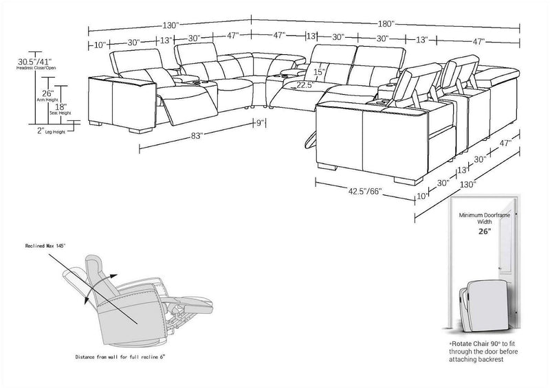 1208 - 12 Piece U Shaped Leather Sectional With 4 Power Recliners & Power Headrest