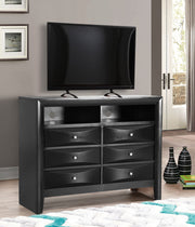 Glory Furniture Marilla media chest with wooden finish, featuring drawers and open storage compartments for TV and media accessories.