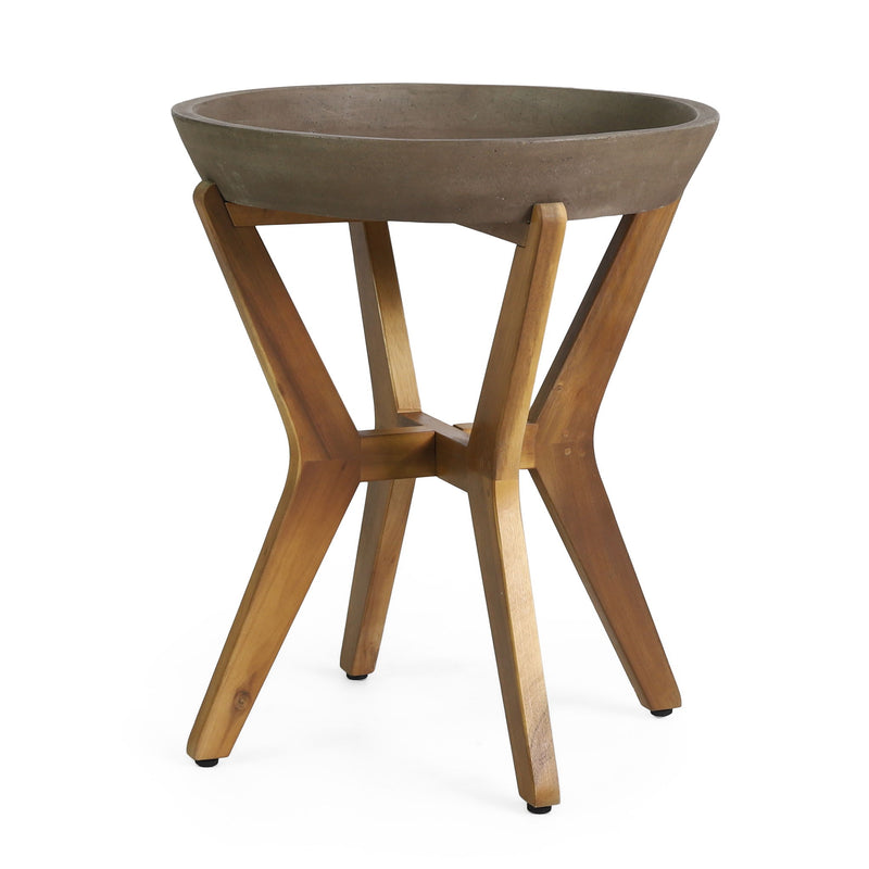 Noble House Yukon contemporary side table with gray lightweight concrete top and acacia wood frame, modern home decor piece