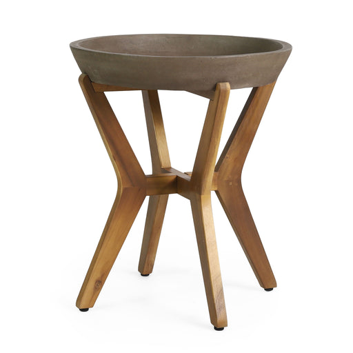 Noble House Yukon contemporary side table with gray lightweight concrete top and acacia wood frame, modern home decor piece